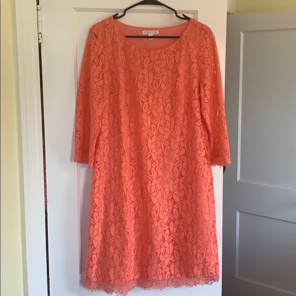 EUC coral lace sheath dress size 14